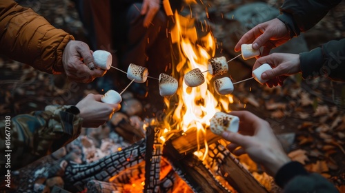 Friends toasting marshmallows over a campfire in their hands