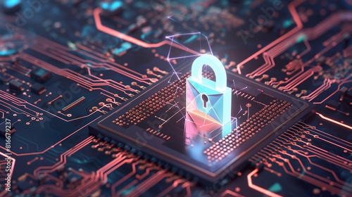 circuit board technology background with glow polygon padlock on the chipset, cyber security concept