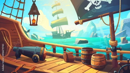 Various pirate ship wooden decks on the deck, boats with cannons, wooden boxes and barrels, hold entrances, lanterns, and a skull buccaneer flag on a chalk seascape background cartoon illustration.