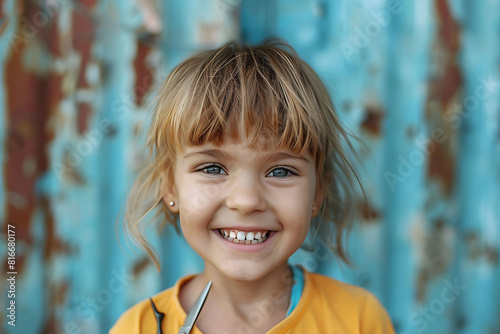 Happy caucasian girl child with scissors cuts off her hair, hooliganism and mischief child, child with a funny oblique haircut, child cut his hair