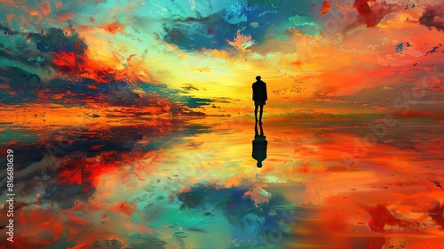 A solitary figure silhouetted against a vast, colorful expanse, symbolizing self-reflection and the 