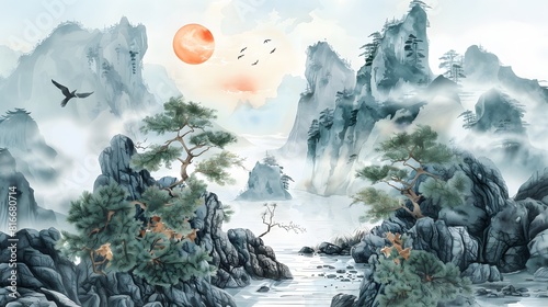Traditional Chinese Landscape Painting with Mountains and Sun. A tranquil Chinese landscape painting depicting misty mountains, trees, and flying birds, rendered in soft neutral tones.