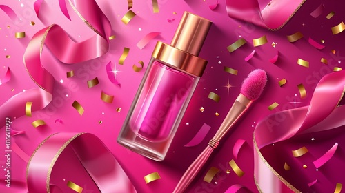 An open glass bottle of nail polish with an open brush, a nail file and silk ribbon with gold confetti. Promo banner, advertising background.