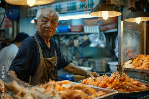 Experienced market vendor stands proudly in his seafood stall under warm lights