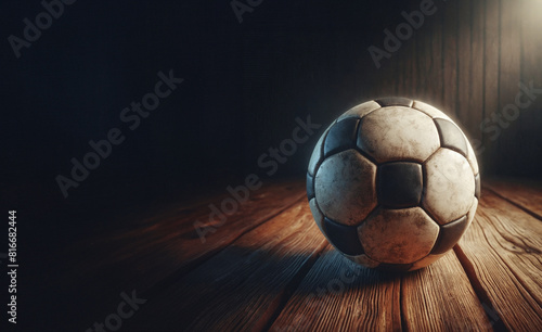 vintage soccer ball on a wooden floor, photo realistic illustration
