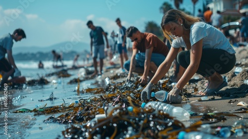 Group of people cleaning beach together, volunteer picking up plastic waste on the beach