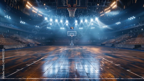 View of an empty basketball court Clean and ready Sports field with flashlights and fans