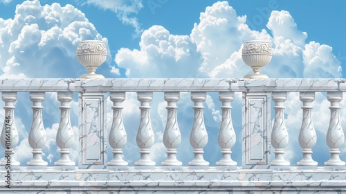 Balustrade with marble on cloudy blue background. White balcony railings and handrails. Banisters with decorative pillars and balusters architecture design graphics. Realistic 3D modern illustration.