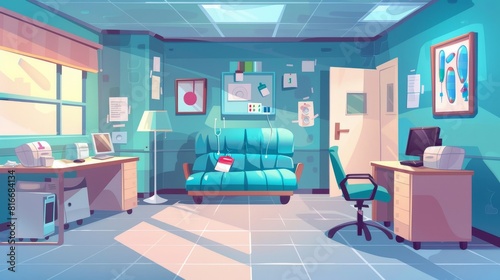 Modern illustration of an empty clinic room with doctor stuff and a hospital with sofa, chair, washbasin, locker for medicines, table, computer, and banners for medical aids on the wall.