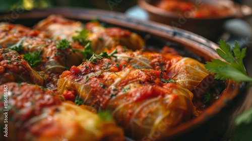 View of a dish of cabbage rolls up close
