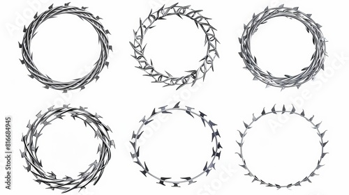 This is a steel barbwire set, a circle frame from twisted wire with barbs, isolated over a white background. A modern realistic seamless border of metal chain with sharp thorns for prison fences,