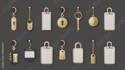 This is a set of door hangers mockups made from paper or plastic in various shapes for hotel doorknob rooms, do not disturb signs, messages on entry knobs, realistic 3D modern illustration, icons,