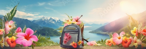 Summer holiday tropic mountains with a travel bag banner with space for tex . beach element tropical flowers. Ai generative