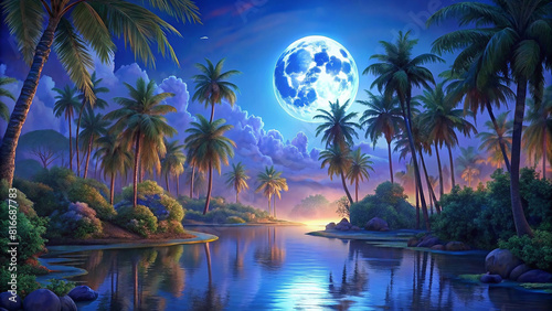 Landscape of the night jungle. Lagoon with moon reflection