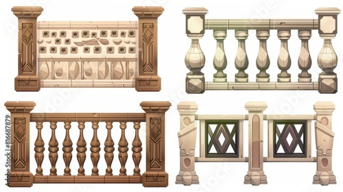 A set of wooden fences, handrail, and balustrade sections with rhombus and grates patterns, isolated design elements, 3D modern realistic illustrations of balcony panels, stairway fencing, and