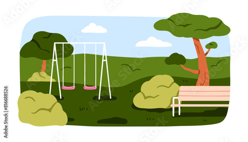 Empty playground scene. Kids amusement area landscape. Outdoor play ground in summer park with swings, seesaws, bench, trees and grass. Flat vector illustration isolated on white background