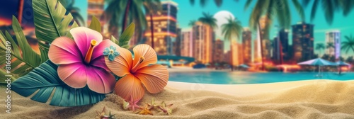 Summer holiday tropic banner with space for tex. beach element tropical flowers. Ai generative