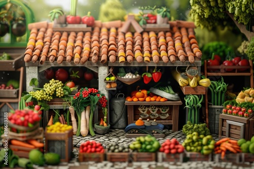 A model representing a fruit and vegetable stand. Perfect for illustrating market concepts