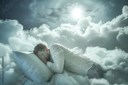 Man lies restlessly on fluffy white clouds under moonlit sky, conveying contrast between idyllic setting and inner turmoil. Concept of insomnia and depression. Suitable for mental health campaigns