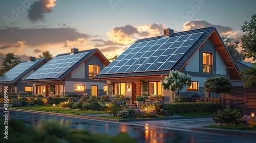 Energy conservation, Solar panels on the roof of a house in a suburban neighborhood. Illustration image, Minimal Style, Clean and Clear Color,