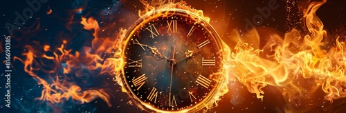 A clock with roman numerals is surrounded by flames. Concept of time running out