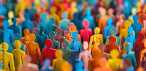 A group of people are standing in a line, with some of them wearing blue and others wearing red. The people are all different sizes and shapes, and they are all lined up in a row. Concept of group & i