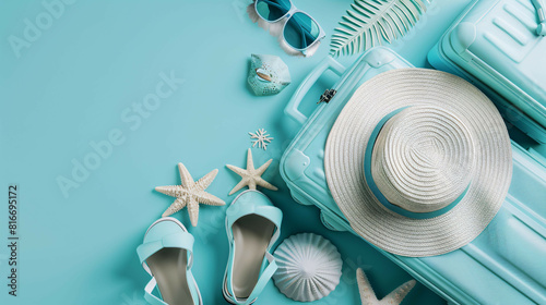 Stylish beach accessories in trendy and neutral colors, studio shot