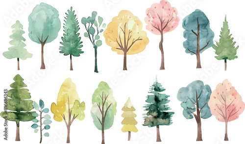 Set of watercolor trees. Hand painting. Watercolor. Illustration for greeting cards, invitations, and other printing projects.