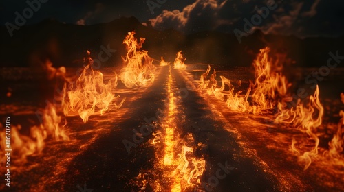 A fiery road with a dark sky in the background. The fire is so intense that it is almost as if it is consuming the entire road
