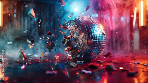 A shattered, colorful disco ball with reflective pieces scattered, creating a festive atmosphere, rule of thirds composition, sharp focus