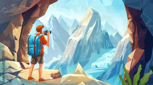 In the distance, a tourist takes a picture in a cave exit of a landscape with rock peaks and a river. There is adventure, travel, and a backpack look on top of a mountain. Illustration of a cartoon