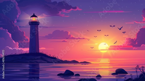 Lighthouse with parallax background in beautiful sunset sea landscape, lantern building in evening ocean shore with cloudy sky at dusk, separated layers for 2D game animation, Cartoon modern