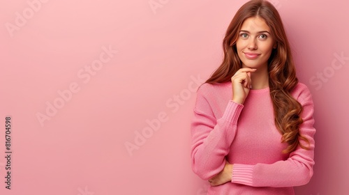 Feminine portrait woman with subtle makeup on soft pastel background, space for text