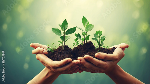 A pair of hands is holding a handful of soil with green plants growing out of it.