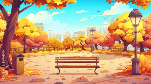 2D fall day urban landscape with yellow trees, lanterns, bins, skylines of city buildings, parallax background autumn city park with wooden bench, separated layers for game animation, Modern