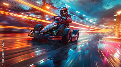 go-kart racer speeding through a neon-lit track in an urban night setting.