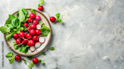 Plate of fresh radishes with leaves on light tile background