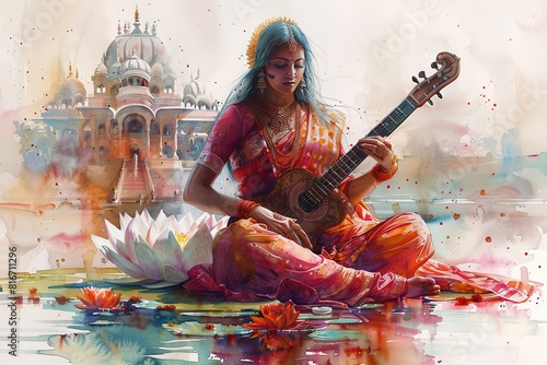 Watercolor illustration of a goddess saraswati sitting on a white lotus and playing a traditional instrument veena.