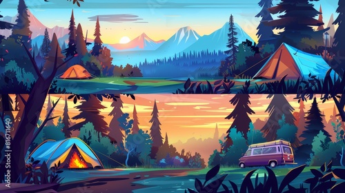Modern horizontal banners of hiking, tourism with cartoon summer landscapes with trees, mountains, campsite with fire, tourist and van in the forest with a tent, bonfire and a man with a guitar.