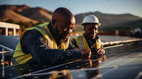 African Engineers Working on Solar Panel Installation in a Mountainous Area