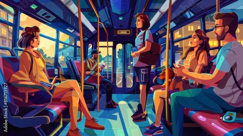 Modern illustration of passengers riding a city bus at night. A woman and dog are seated, and a man is standing. People riding on public transport at night.