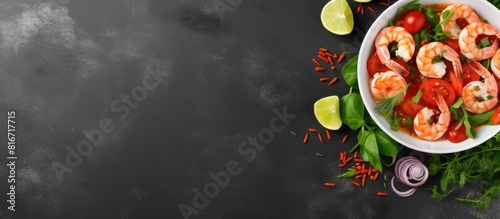 A view from above of poke salad bowls of red shrimps and green vegetables on a gray background with space for text or images. with copy space image. Place for adding text or design