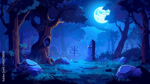 Scary dark forest at night. Halloween background with spooky woods. Modern illustration of creepy deep forest landscape with tree trunks, grass, and stones.