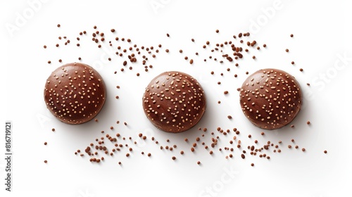 The top view of chocolate drop cookies with cinnamon, cocoa and sesame sprinkles isolated on a white background. A cracked homemade cake with cinnamon, cocoa or sesame sprinkles.