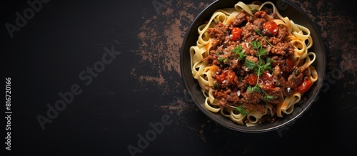 The top view shows a black bowl filled with fettuccine pasta and beef ragout sauce placed on a grey background Ample copy space surrounds the image