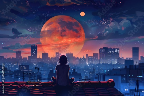 Person sitting on a roof looking at the moon. Suitable for night sky or contemplation concepts