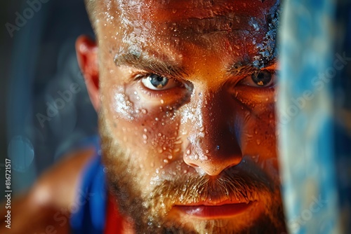 Intense close up weightlifter s strained expression in summer olympics weightlifting event