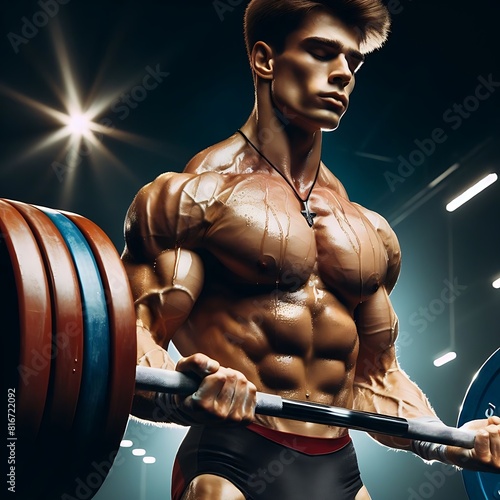 A young male athlete weightlifter holds a barbell in his hands at a competition. Concentrated gaze, the whole muscles are tense