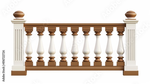 In this realistic 3D modern illustration, wood garden border balusters isolated elements are being arranged across a wooden fence, palisade, stockade or balustrade with pickets. Brown and white