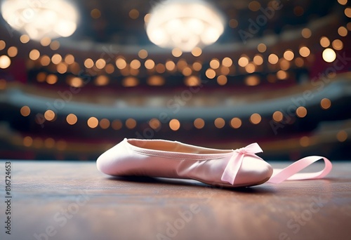 AI generated illustration of A pink ballet slipper resting on the stage